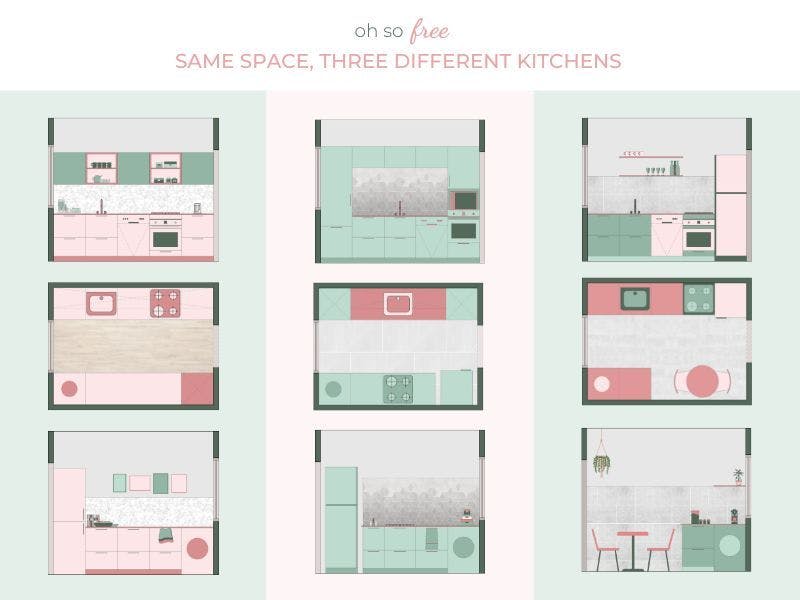 one space, three kitchens, all together 